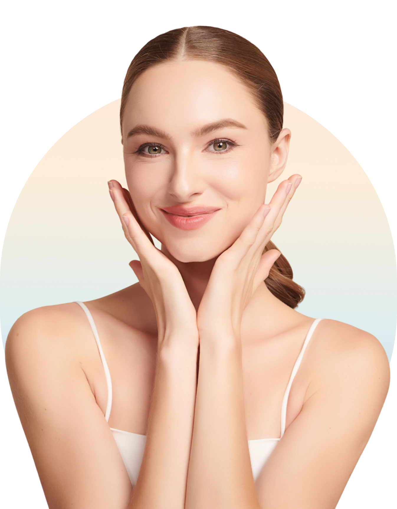 Smiling woman touching face