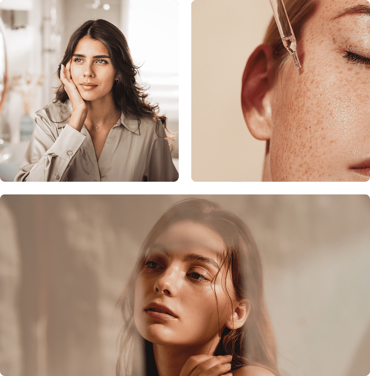 Reflective woman with natural makeup and soft lighting